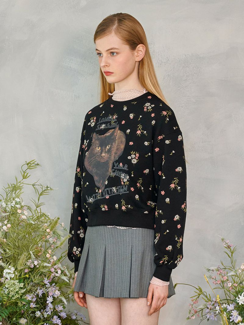 Flower Cat Lettering Sweatshirt (Black)