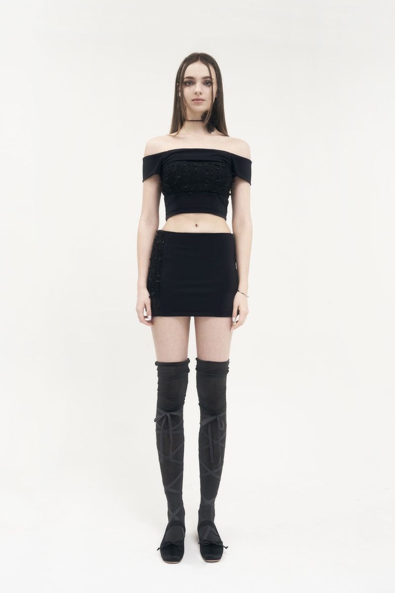  [Seow] Flap mesh ribbon top, black