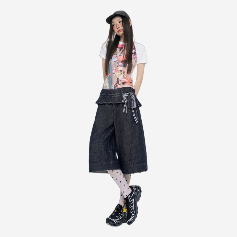 La mode MAQI（ラ モード マキ）の「ラッフルレイヤーワイドレッグデニムバミューダショーツ（パンツ）」