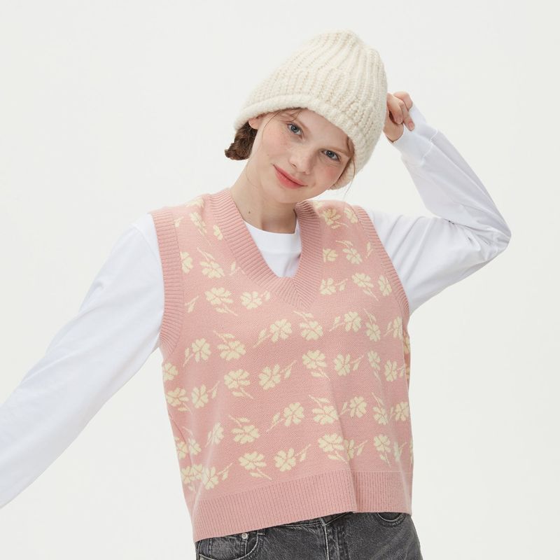 FLOWER JAQUARD KNIT VEST_PINK
