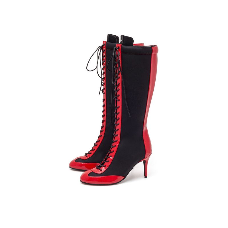 Boxing Two-Tone Lace-Up Boots Heel(Red)