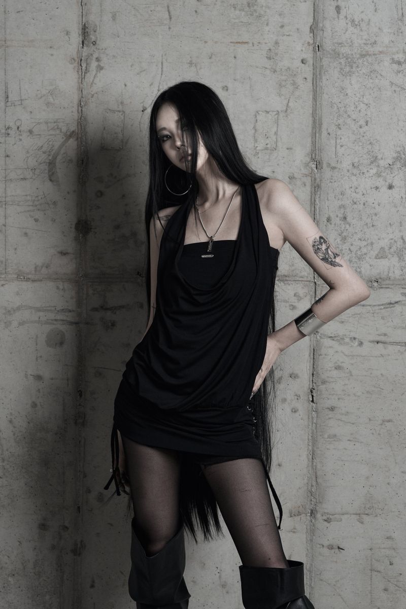 [label] cowl-neck side lace-up one-piece BLACK