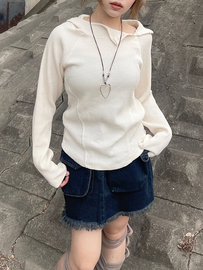 Waffle cut diagonal knit hood