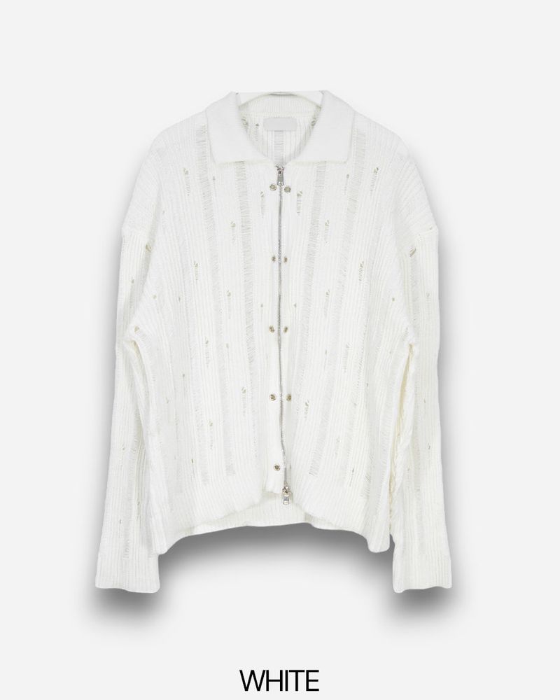 Eyelet Zip-up Knit Cardigan