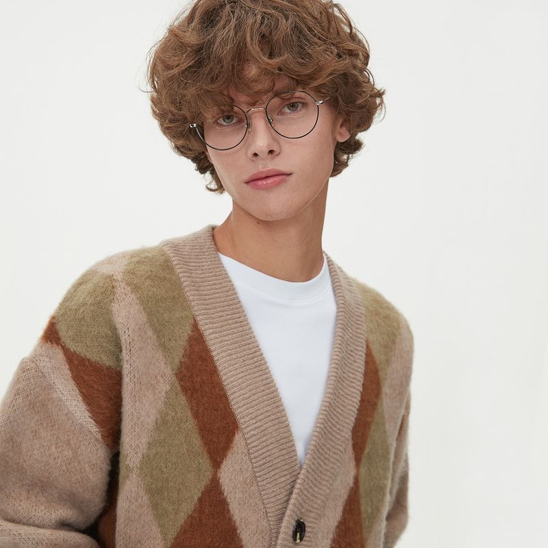 BRUSHED ARGYLE KNIT CARDIGAN_BEIGE