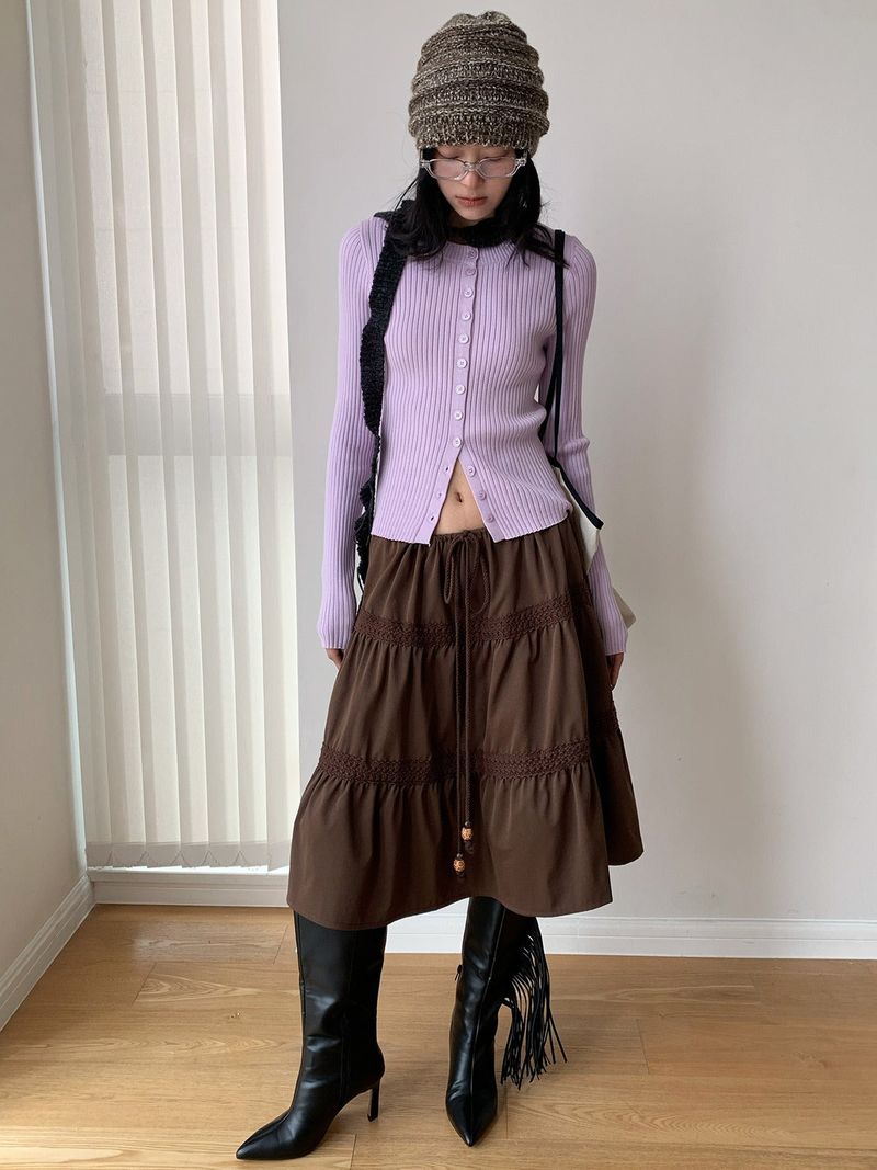 Color Round Neck Ribbed Button Cardigan