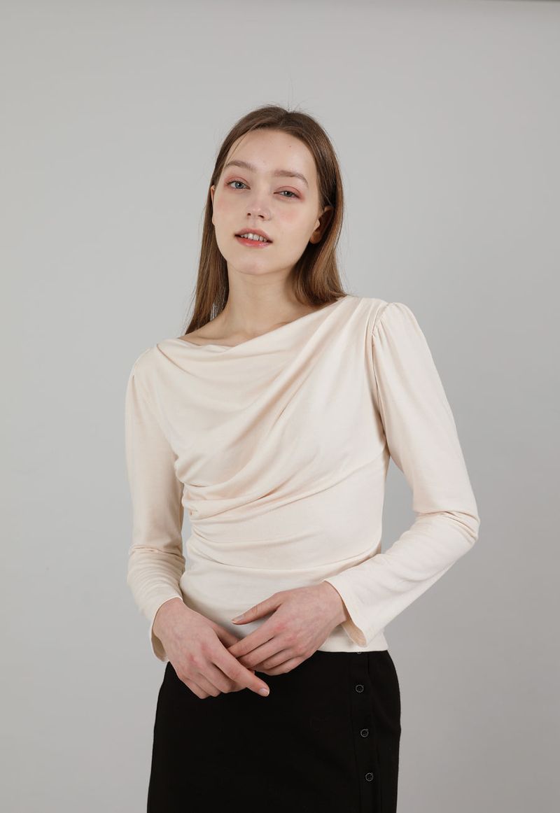 Drape Puff Shirring T-shirt Beige