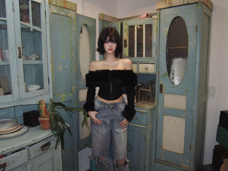 Fur off-shoulder top