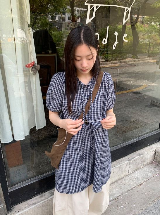 Zimo Check Button Puff Short Sleeve One Piece