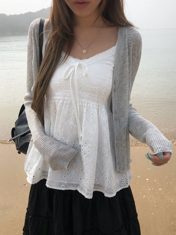 Brun Two-Button See-through Ribbed Knit Cardigan