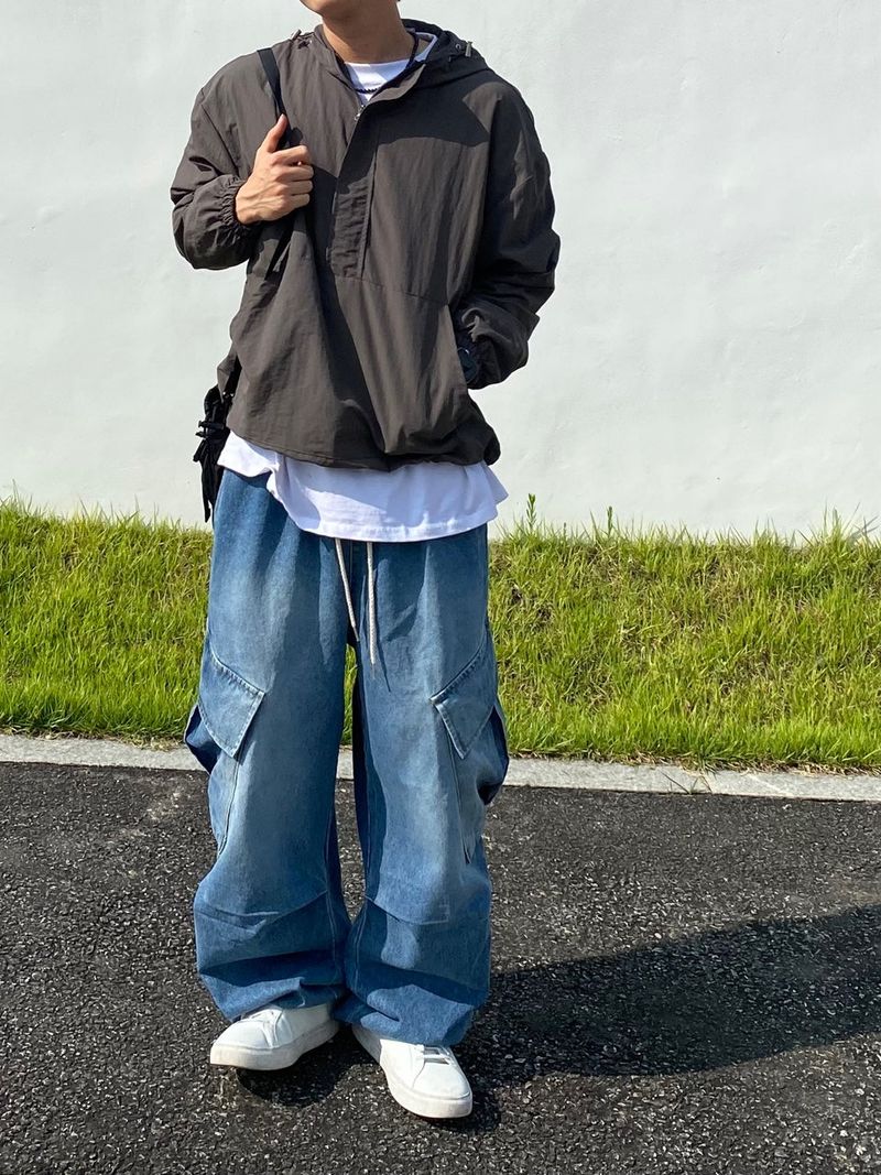diagonal Washing balloon cargo denim pants 2C