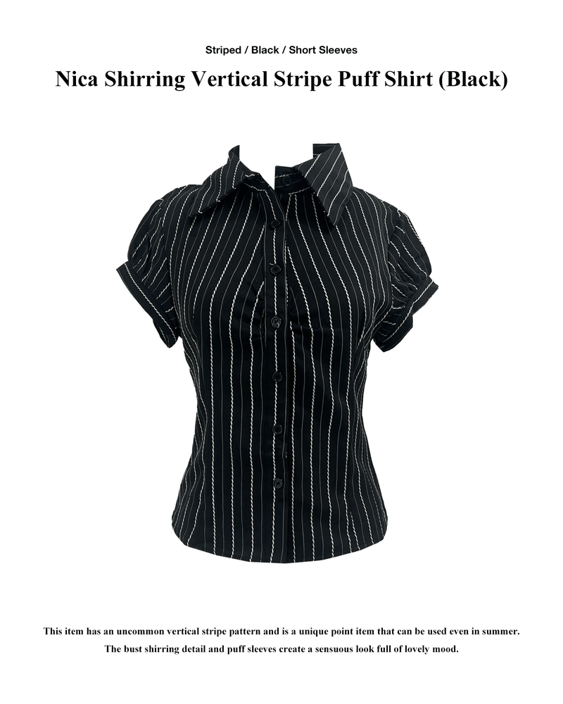 GUSTA（グスタ）の「 Nica Shirring Vertical Stripe Puff Sleeve Short Sleeve Shirt (Black)（Tops）」