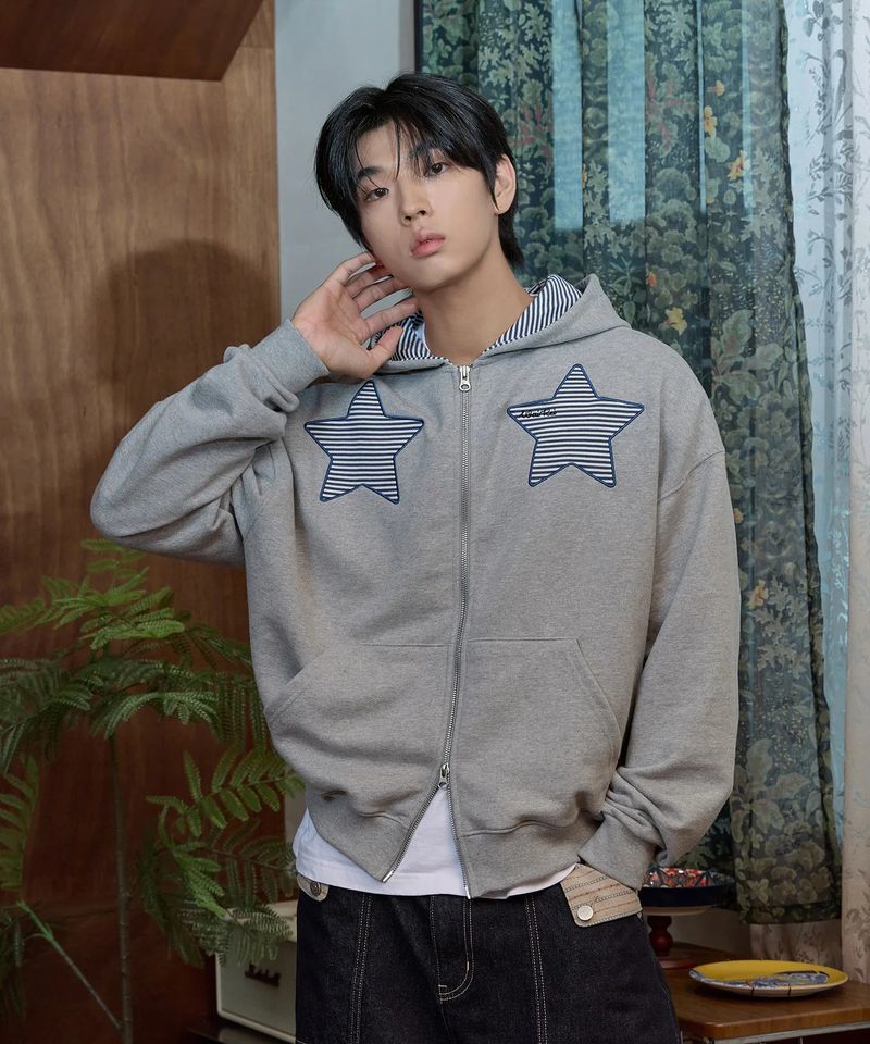 Stripe Star Applique Hood Zip Up