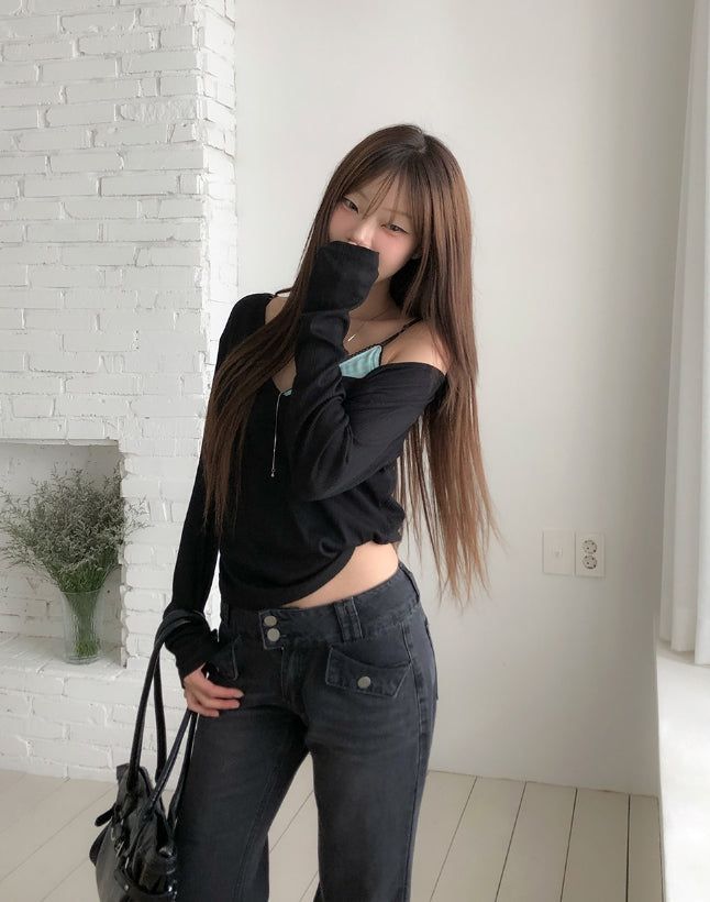Melting See-through Deep V-Neck Ribbed Long Sleeve