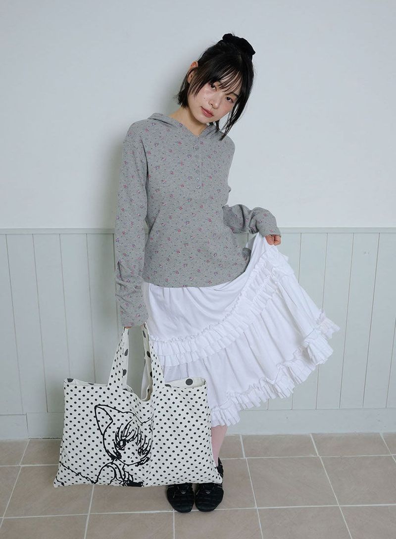 FLOWER WAFFLE BUTTON HOODIE - GRAY