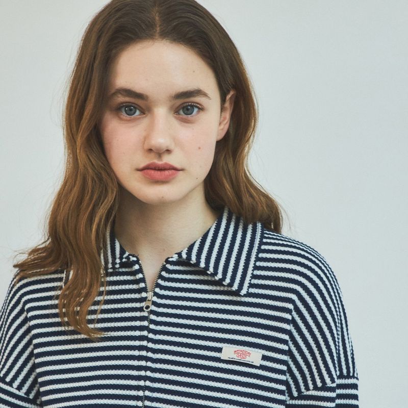 Stripe Tweed Waffle Zip-Up_Navy