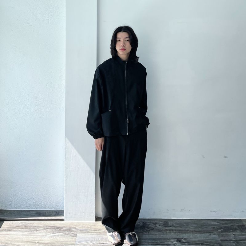 Minimalist Structural Aesthetic Drawstring Hem Striped Stand Collar Jacket