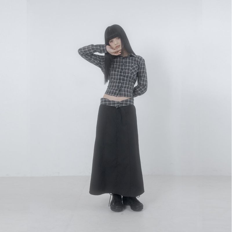 Folded check maxi skirt 001
