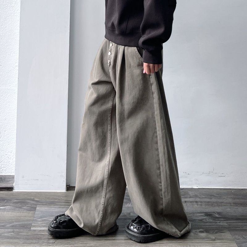 Vintage Washed Button-Fly  Wide Trousers
