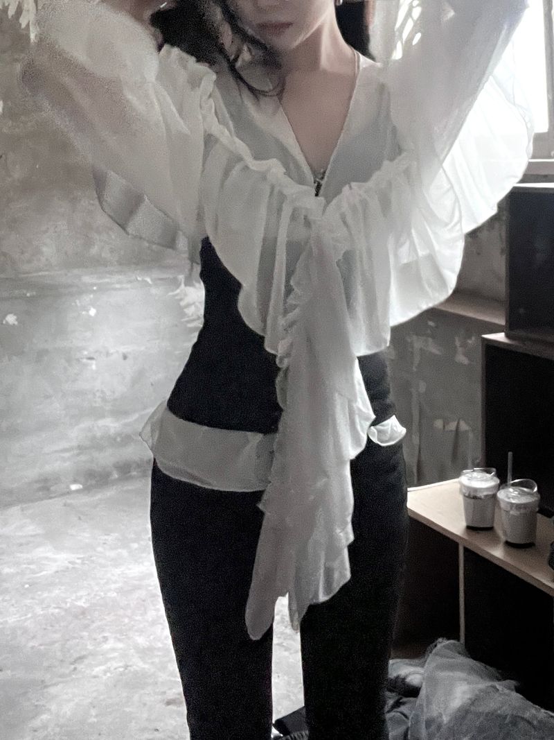 chiffon ruffle v-neck sheer blouse (2color)