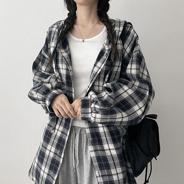 hijjoo（ハイチュー）の「Daily Shirt🤎 Loose-fit Hooded Check Shirt (3 colors)（Tops）」