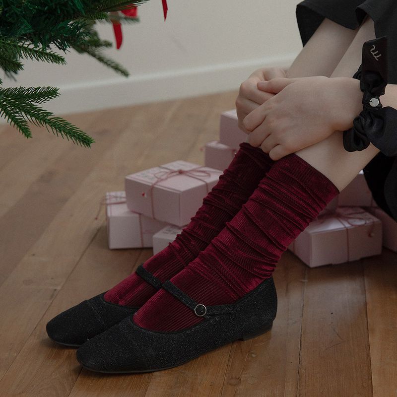 VELVET MIDDLE SOCKS (BURGUNDY)
