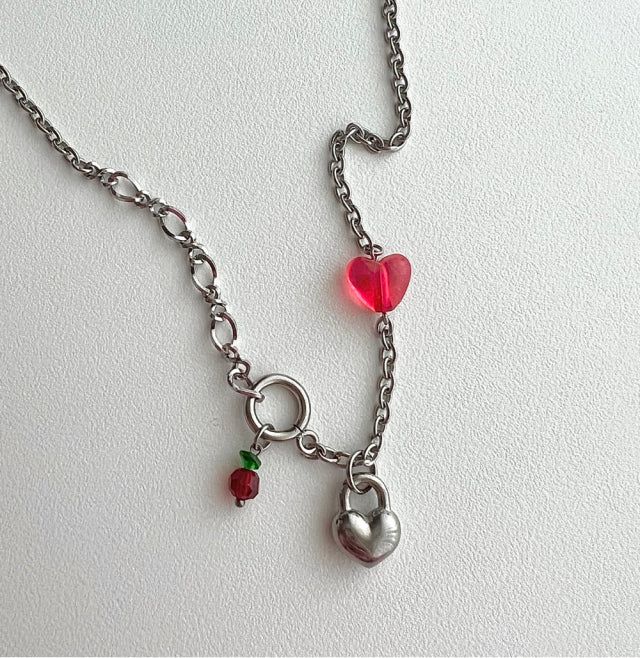 chi Kitchee Cherry Beads Heart Lock Handmade Necklace