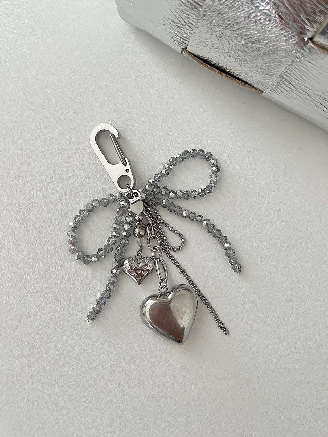 Gra Chic Hip Gray Ribbon Stainless Steel Big Heart Kitchen Chain Keyring Keyring