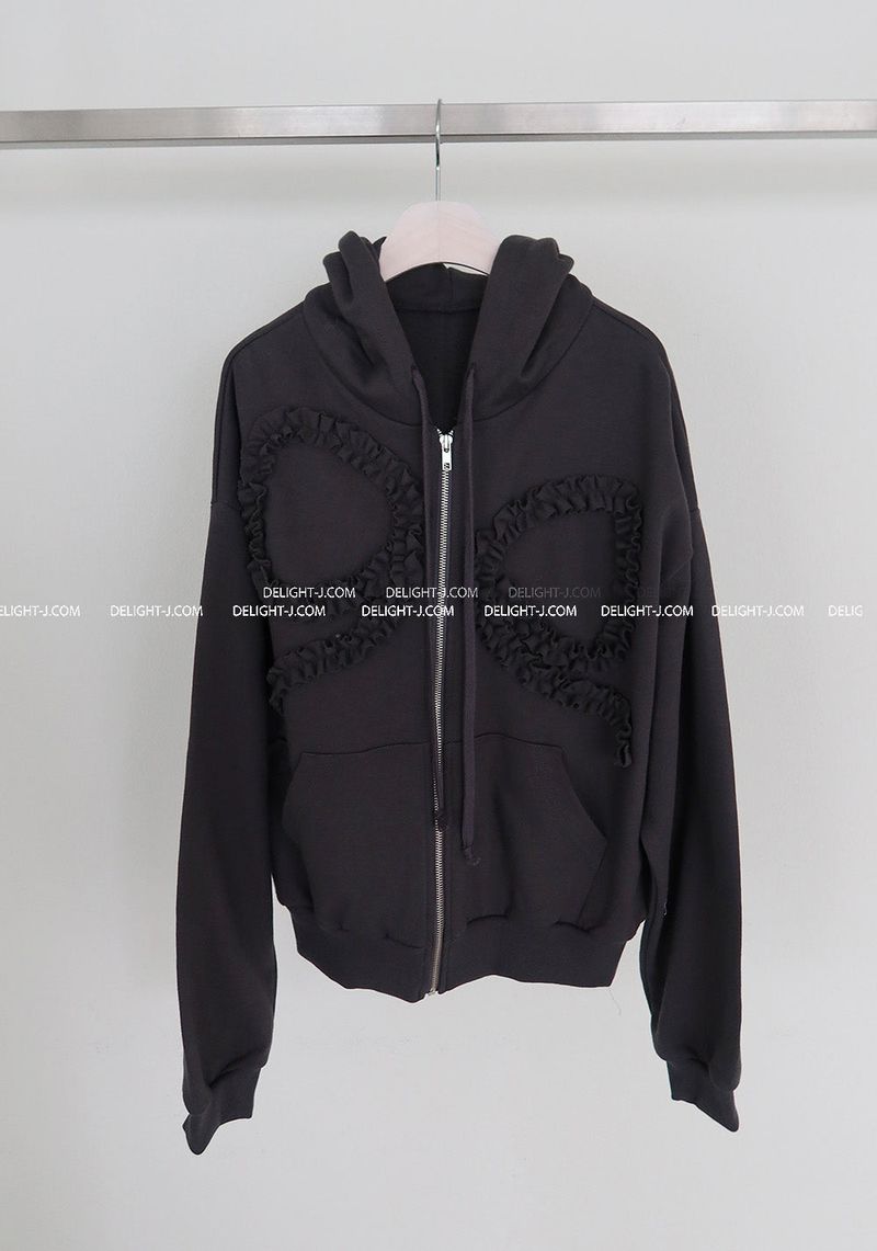 ribbon frill hooded zip-up jacket
