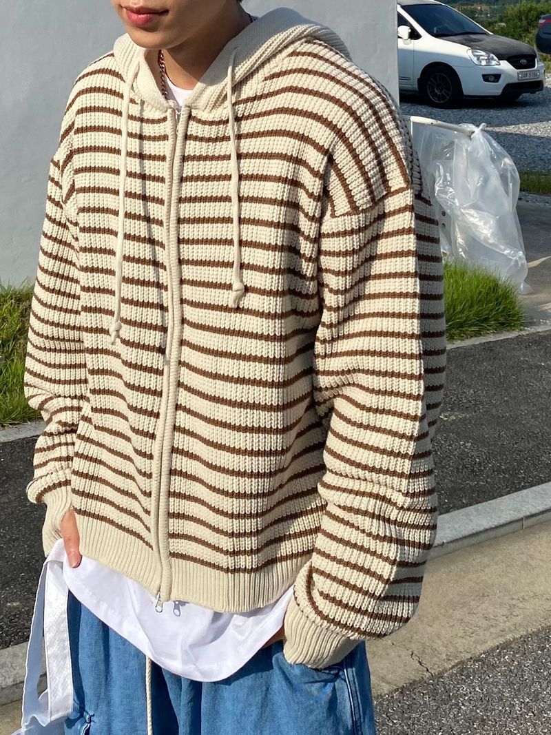 Stripe knit hooded zip up 3C