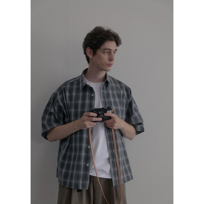 HUKE（フック）の「빈티지 워싱 네이비 체크 반팔셔츠（Tops）」