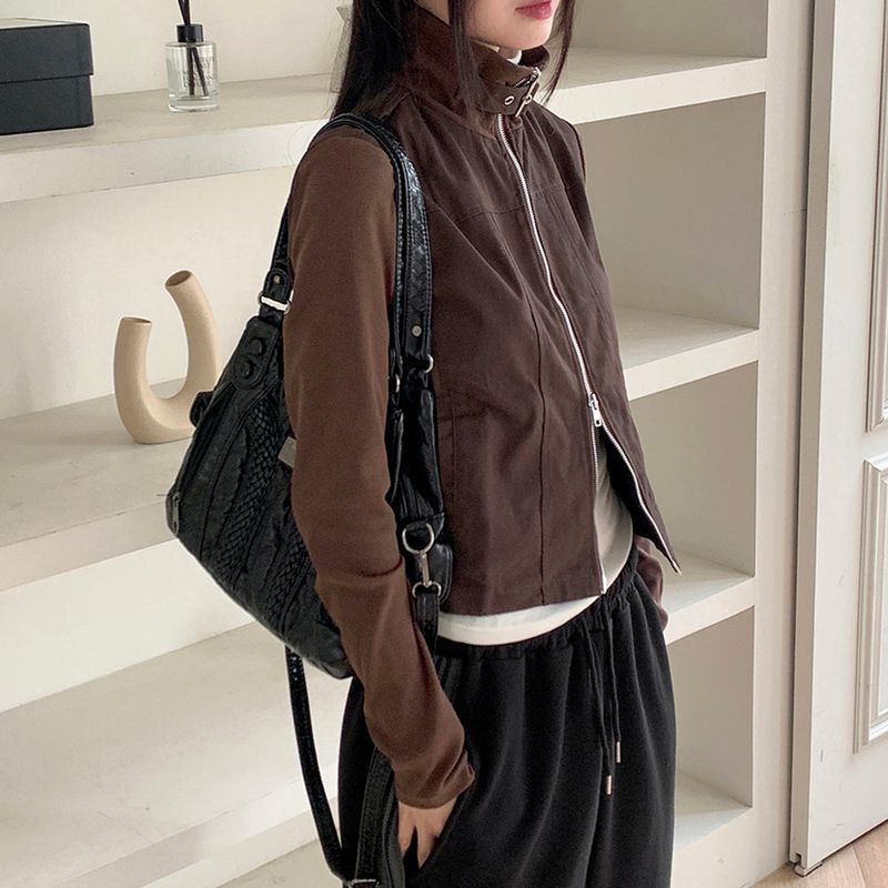 Tatter ribbed coloring belt two-way crop zip-up jacket