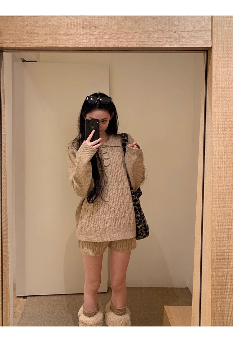 Oatmeal toggle wool twisted knitwear two-piece set