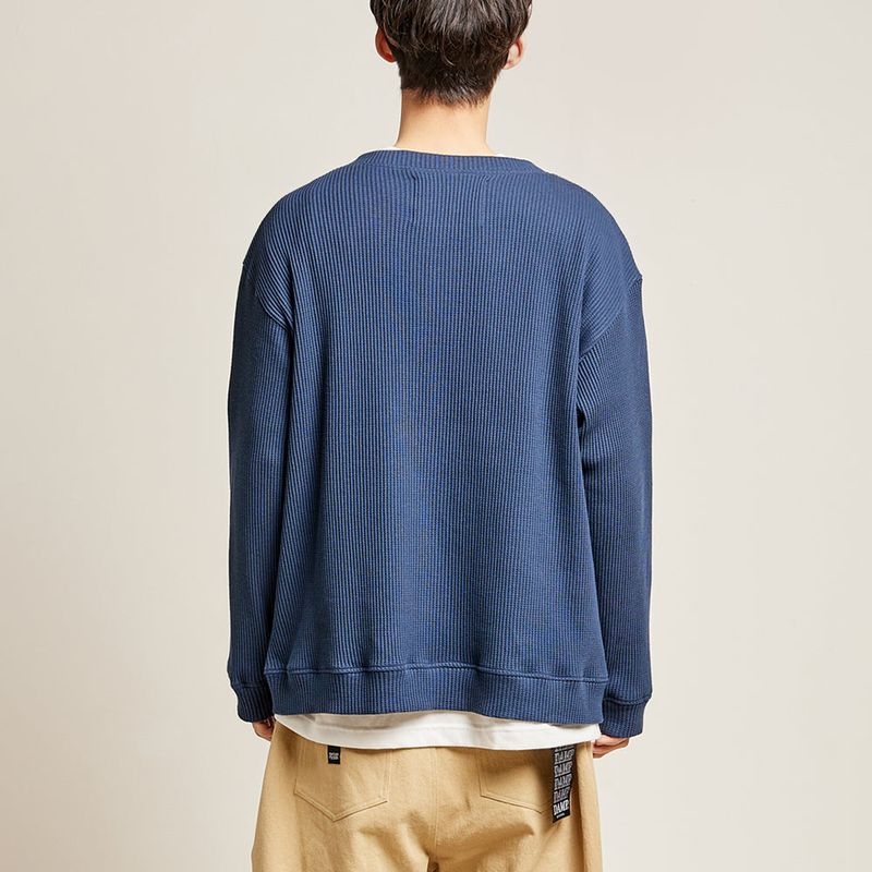 DAMP ROUND-NECK WAFFLE CARDIGAN_NAVY