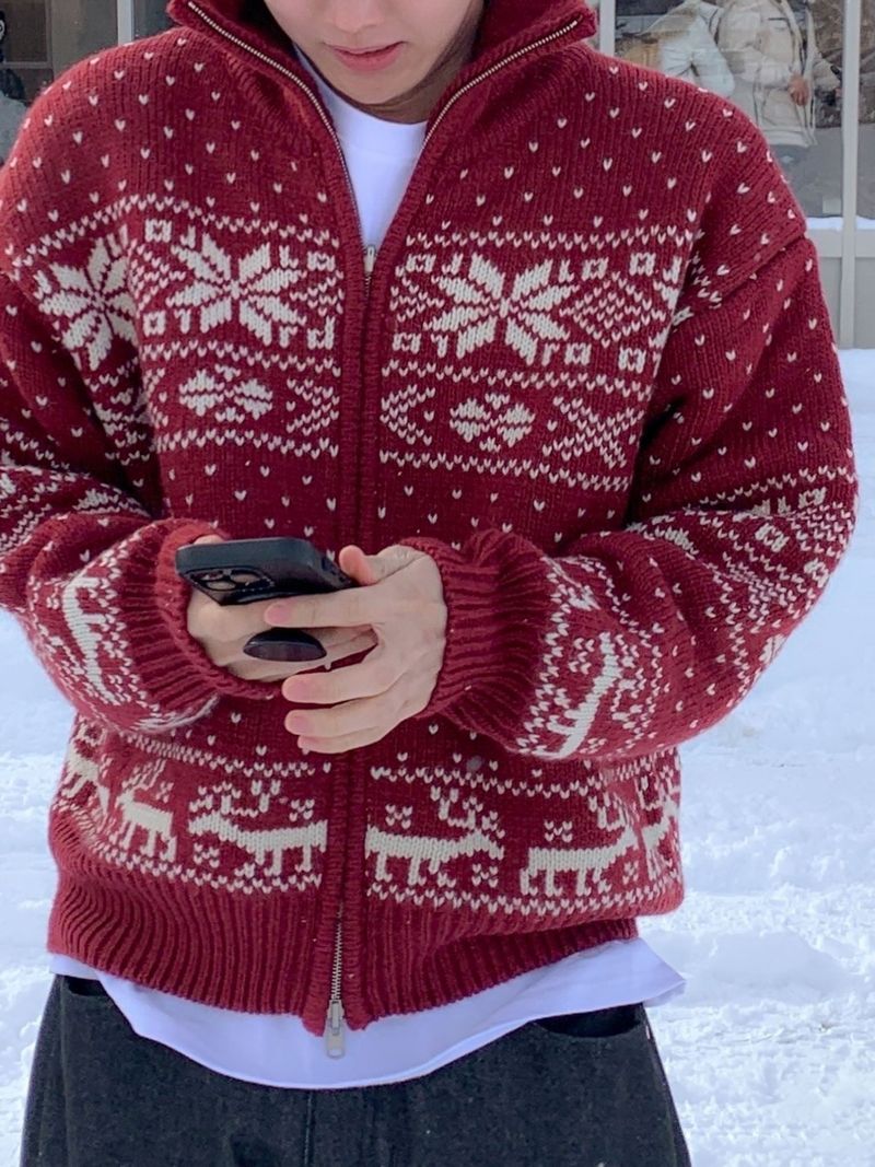[Premium] Santa reversible Nordic knit zip-up