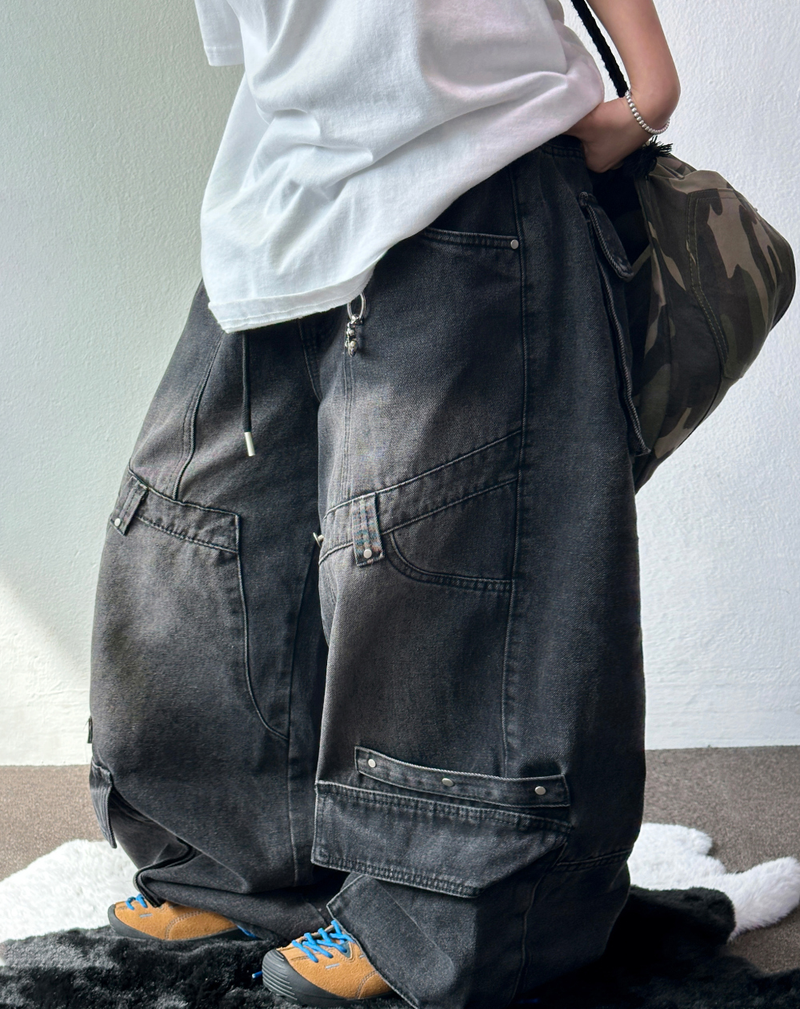 HIP RIVET KEYRING DOWN CARGO DENIM LONG PANTS🩵🩶 - 2 COLORS