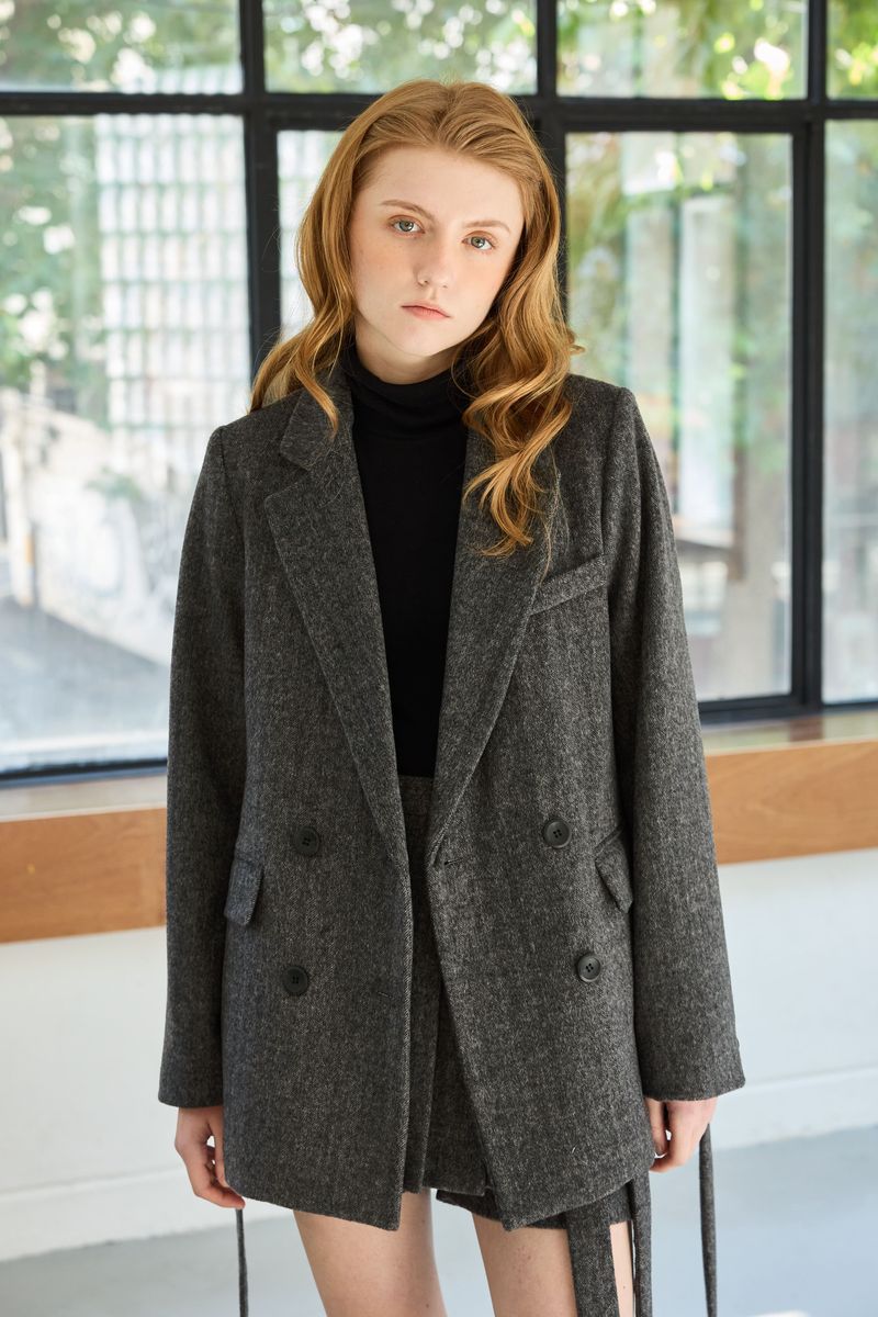CLASSY HERRINGBONE WOOL JACKET / CHARCOAL