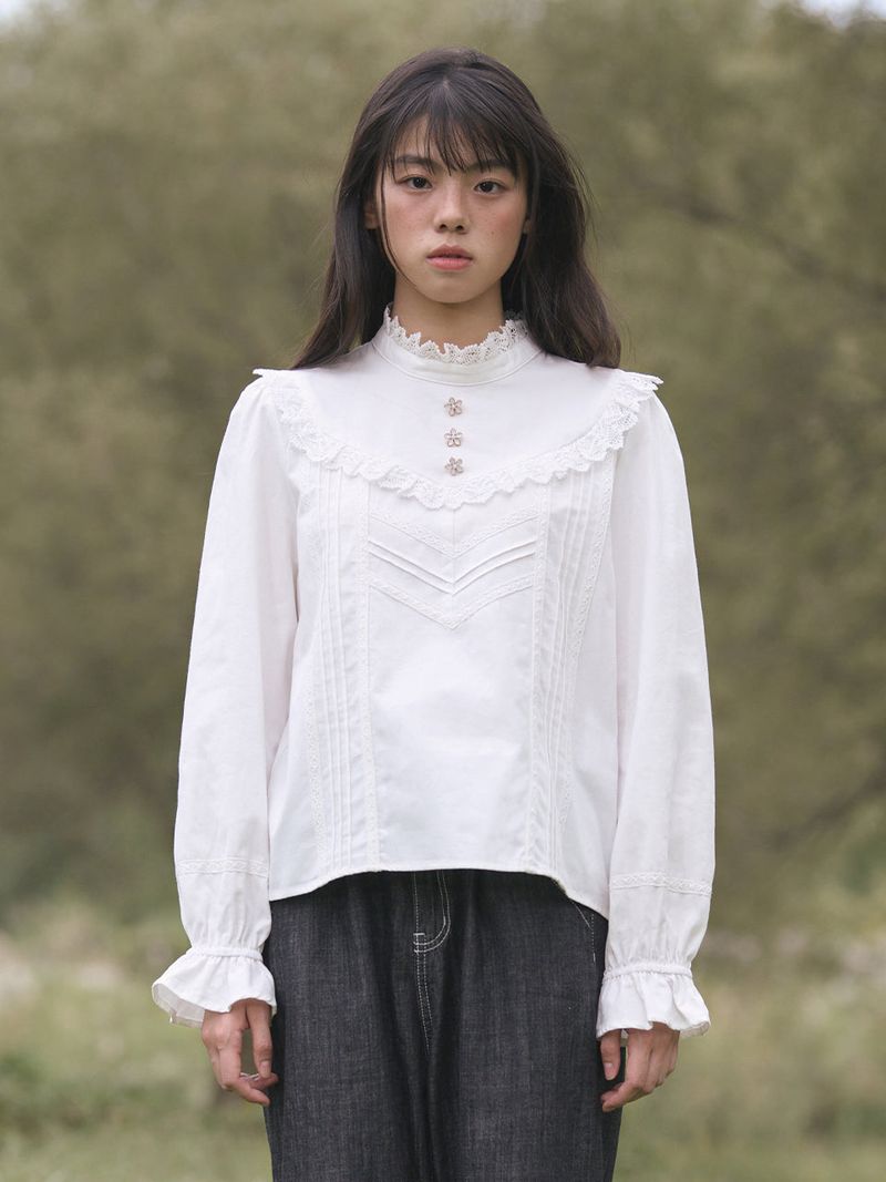 High-Neck Lace-Frill Blouse (Ivory)