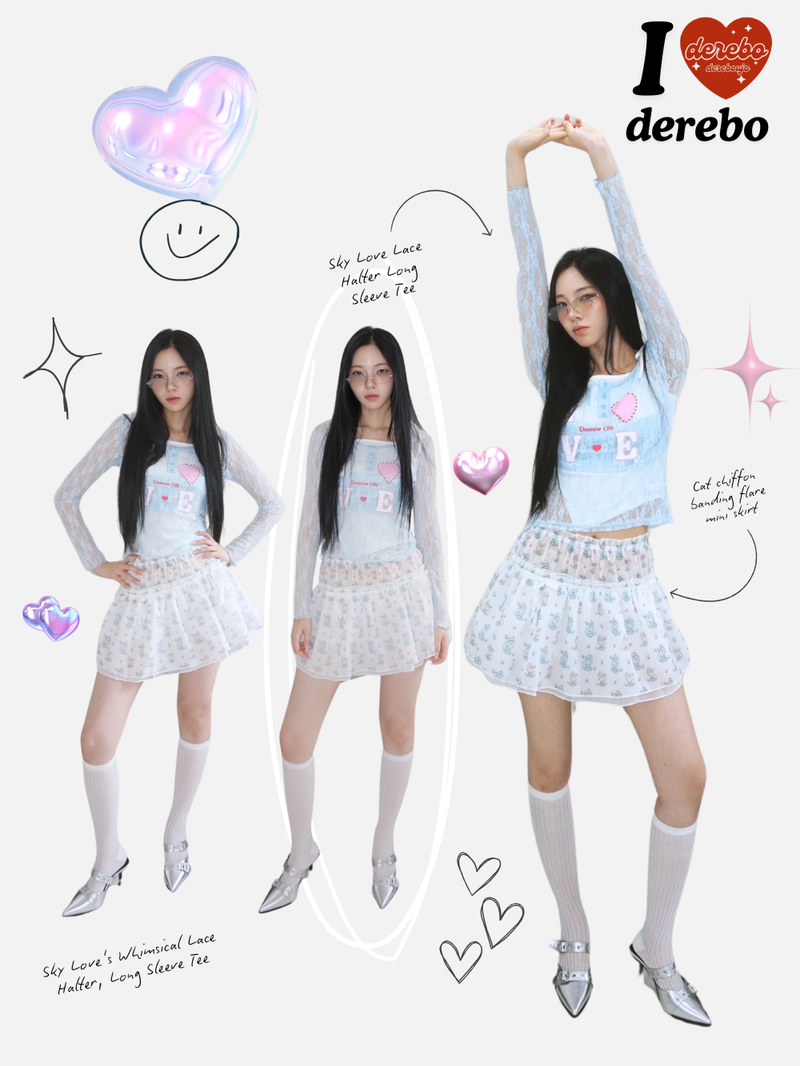 Cat chiffon banding flare mini skirt