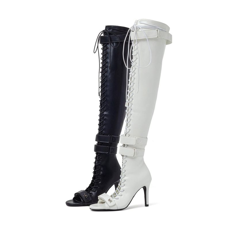 Double Strap Lace-Up Open Toe Boots Heel(Black)