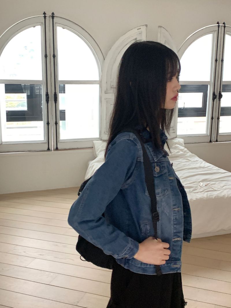 Turned damage slim fit denim jacket