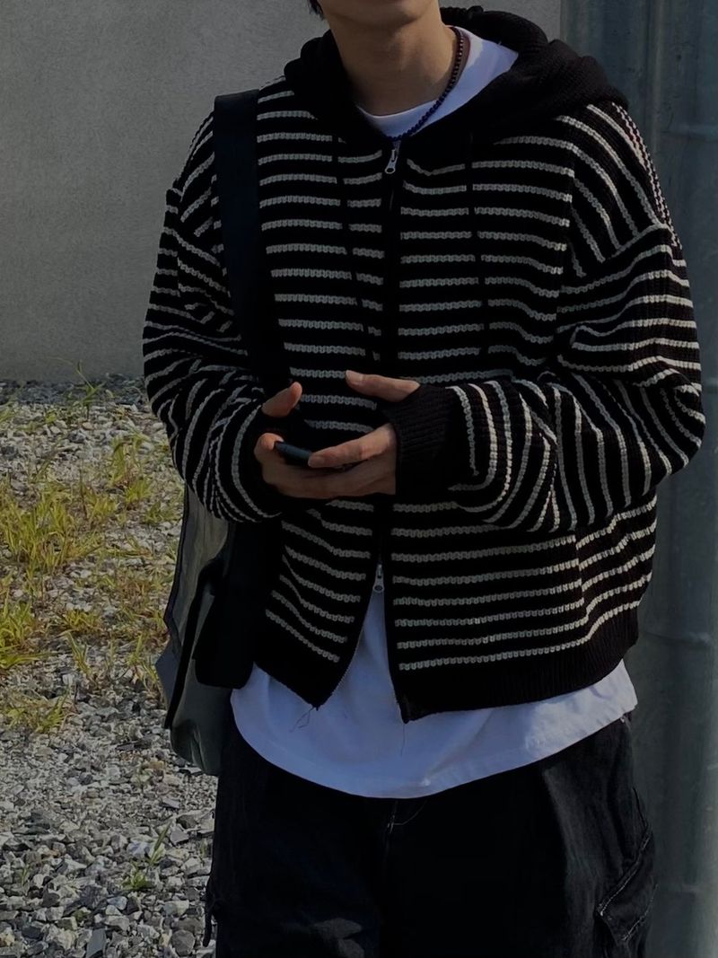 Stripe knit hooded zip up 3C