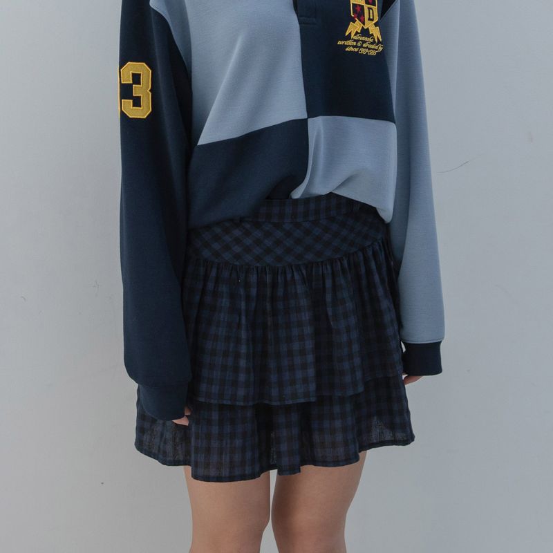 DIMANCHE（ディマンシュ）の「CHECK RUFFLE MINI SKIRT (NAVY)（Skirts）」