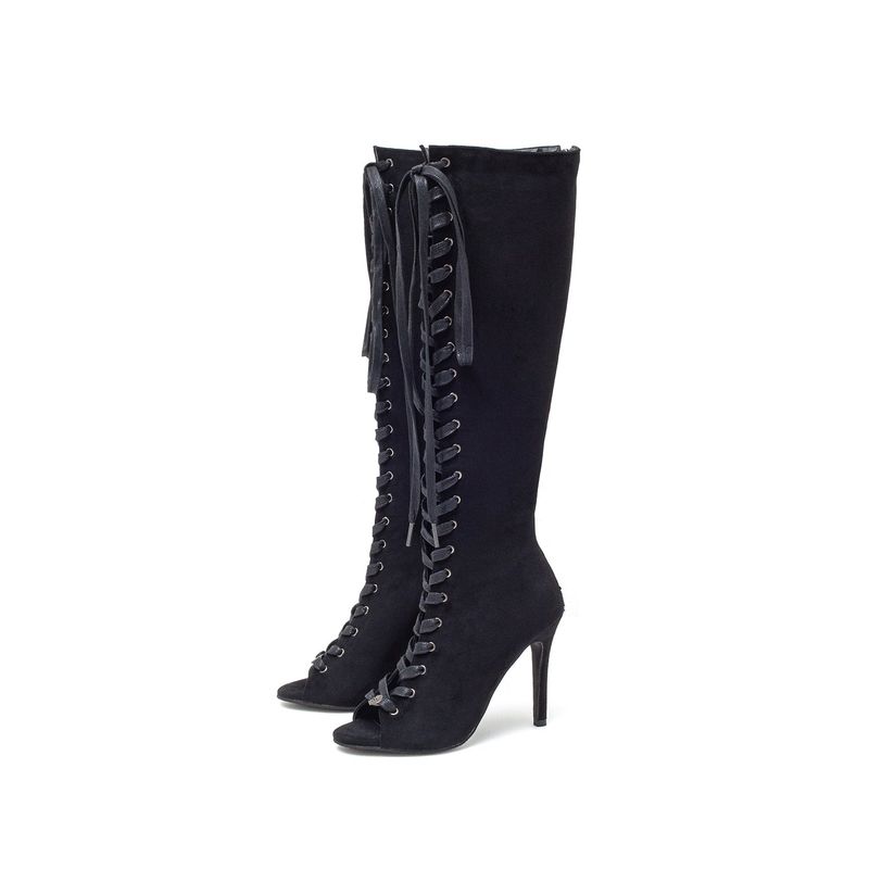 Suede Lace-Up Open Toe Boots Heel(Black)