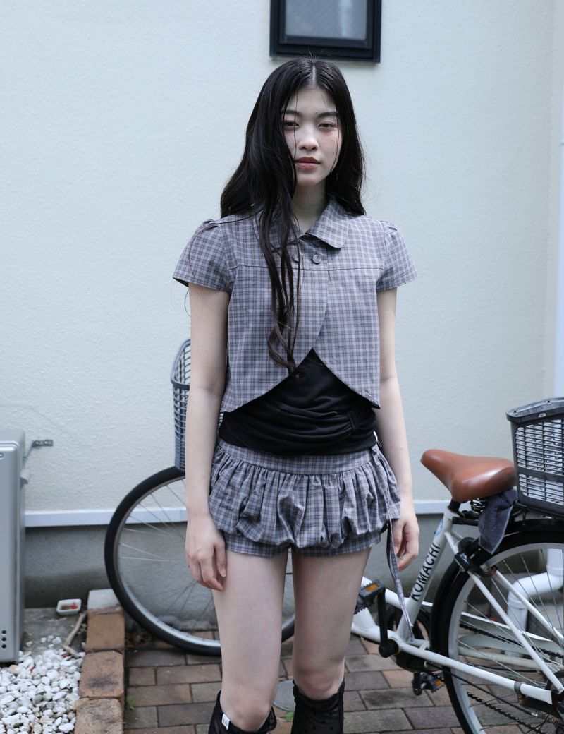 CHECKERED DOUBLE BLOUSE(GREY)