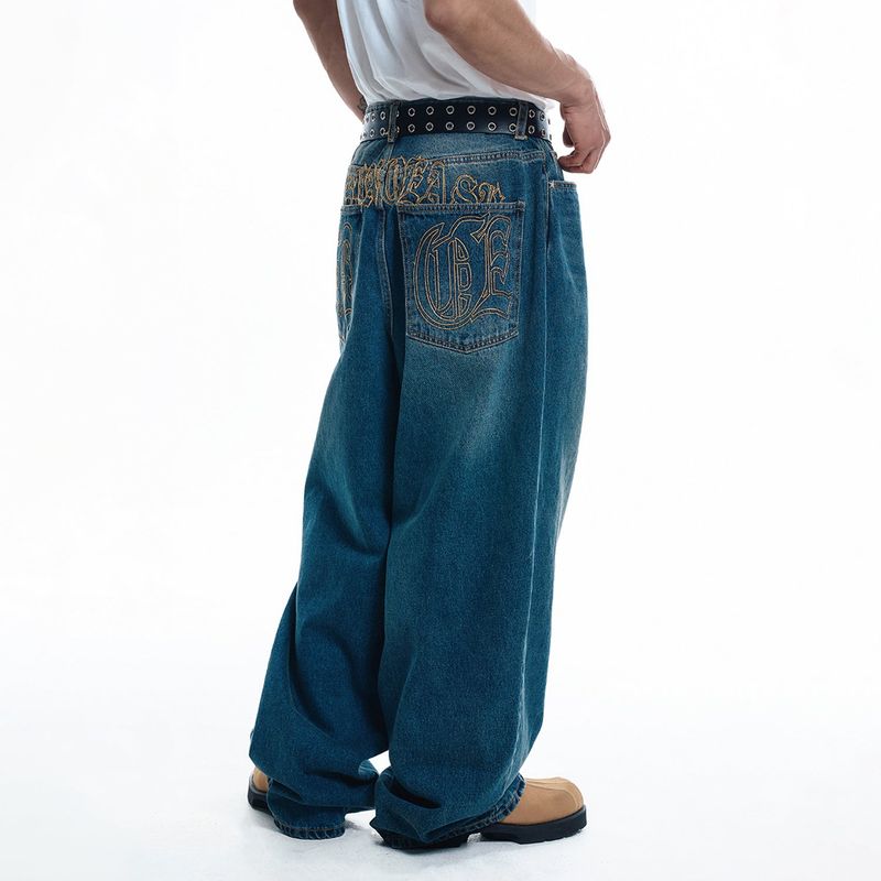 Lettering Wide Denim Pants - DEEP BLUE