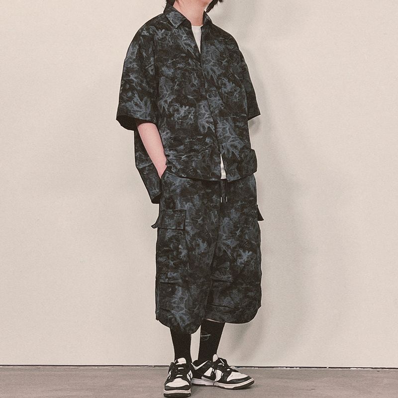 tiedye capri cargo shorts_black