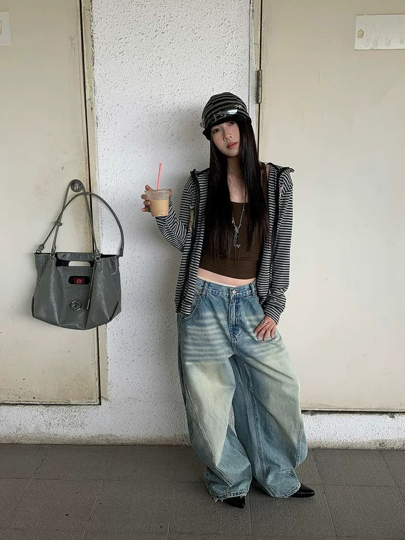 Curved Braided Wide Denim Pants