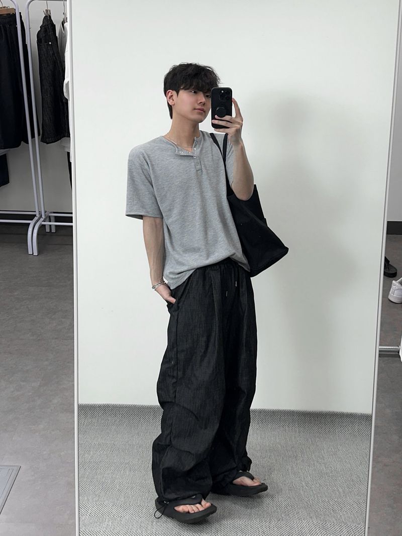 ワッフルヘンリーネックハーフTシャツ