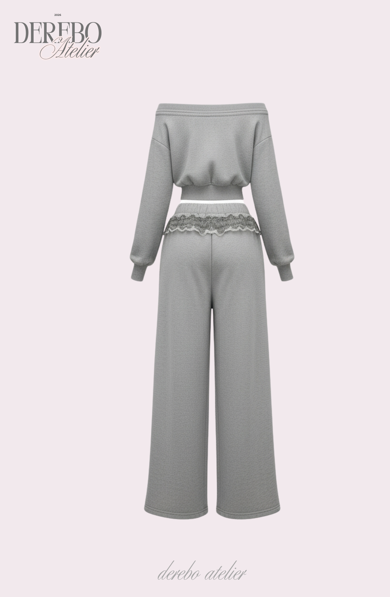 Grey off-shoulder zip-up frill training setup (SET)